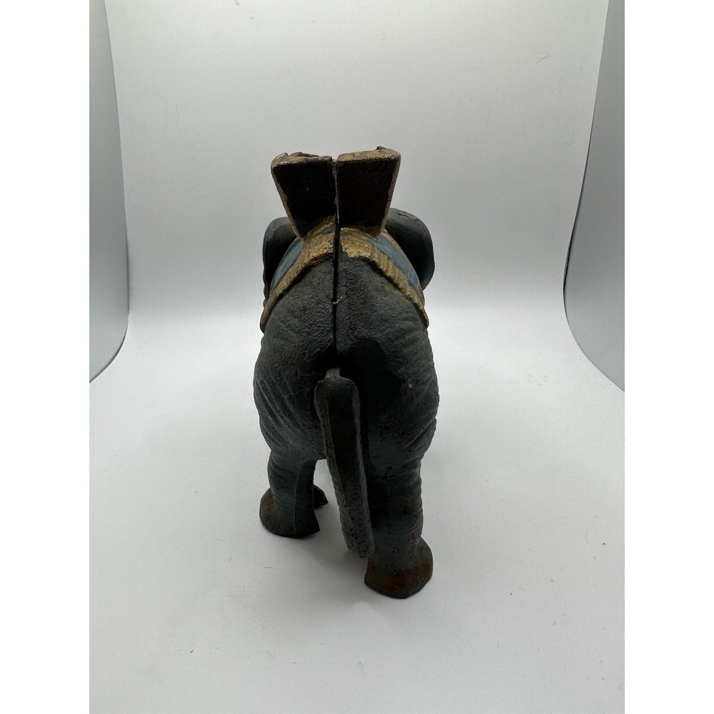 Vintage Cast Iron Hand Painted Gray Elephant Mechanical Coin Bank - Picture 4 of 12
